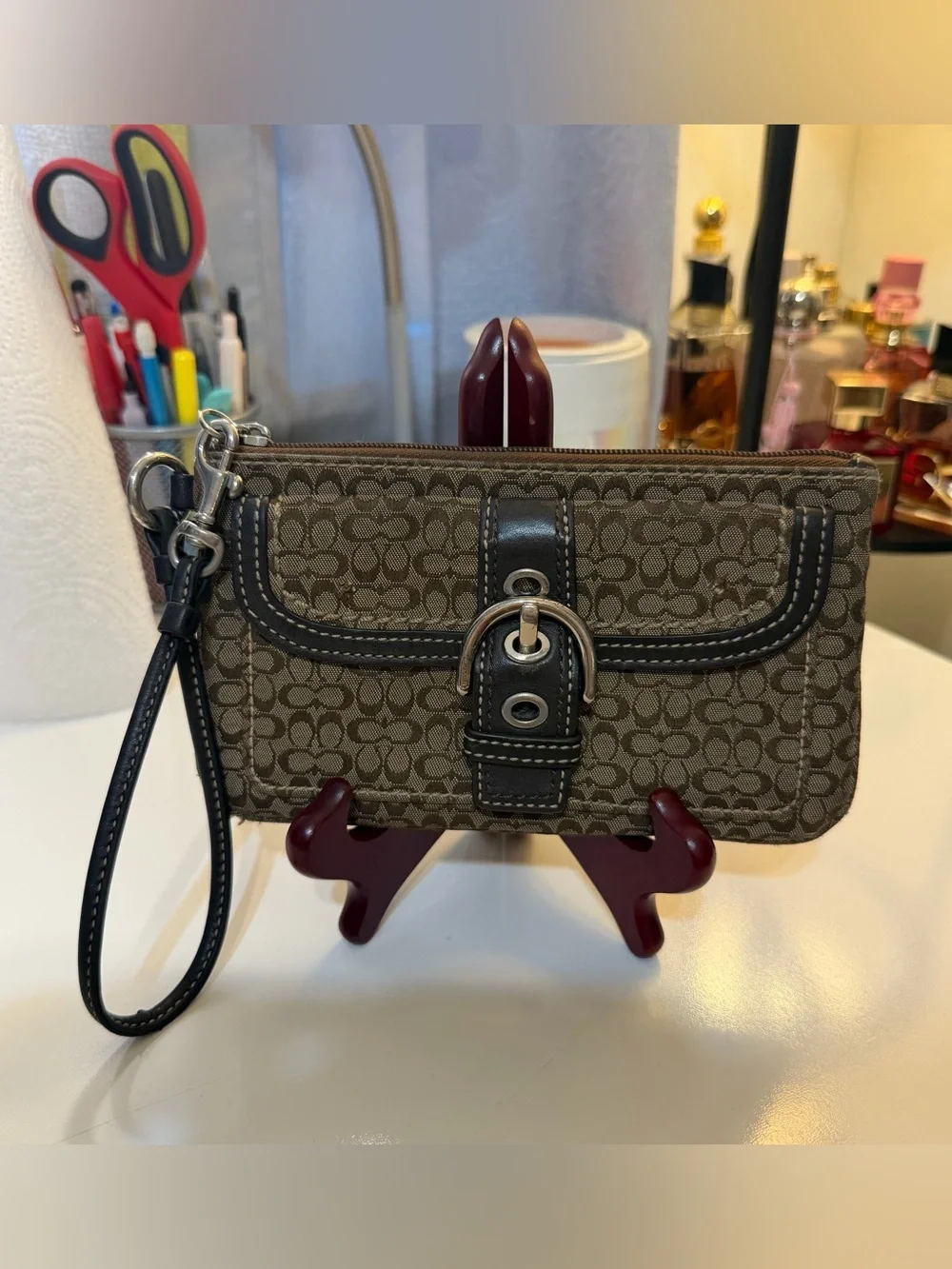 Coach Brown and Black Signature Canvas Wristlet with Buckle Detail